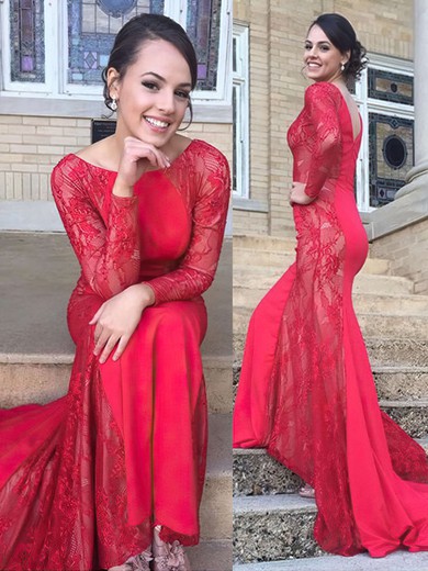Red Trumpet/Mermaid Scoop Neck Lace Silk-like Satin Long Sleeve Prom Dress #JCD020102062