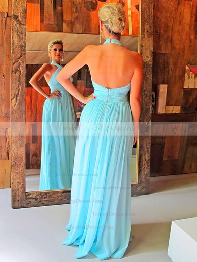 Light Sky Blue Backless Chiffon Floor-length Ruffles Halter Prom Dress #JCD020102063