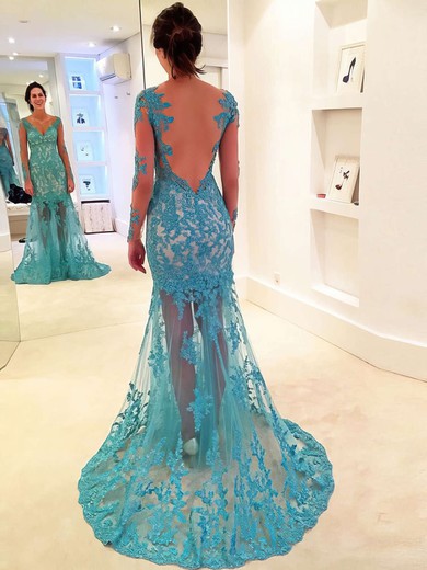 Newest Trumpet/Mermaid V-neck Tulle Appliques Lace Long Sleeve Prom Dress #JCD020102064
