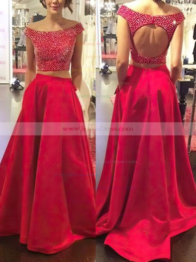 Two Piece Off-the-shoulder Satin Sweep Train Crystal Detailing Open Back Prom Dress #JCD020102070