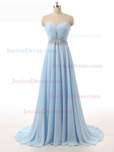 Pretty Sweetheart Chiffon Sweep Train with Beading Light Sky Blue Prom Dress #JCD020102072