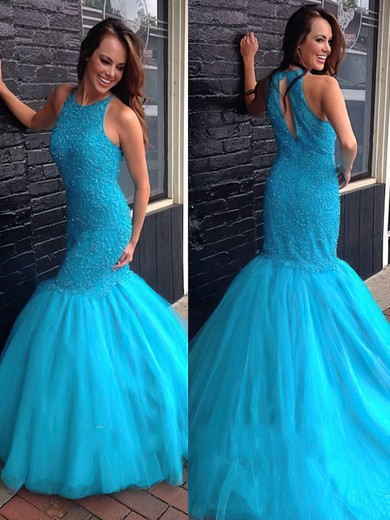 Trumpet/Mermaid Blue Tulle Sweep Train with Beading Expensive Prom Dress #JCD020102073