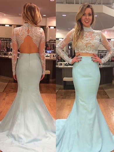 High Neck Silk-like Satin Appliques Lace Long Sleeve Trumpet/Mermaid Two Piece Prom Dress #JCD020102074