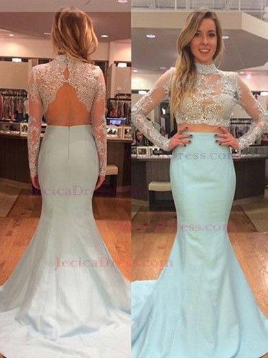 High Neck Silk-like Satin Appliques Lace Long Sleeve Trumpet/Mermaid Two Piece Prom Dress #JCD020102074