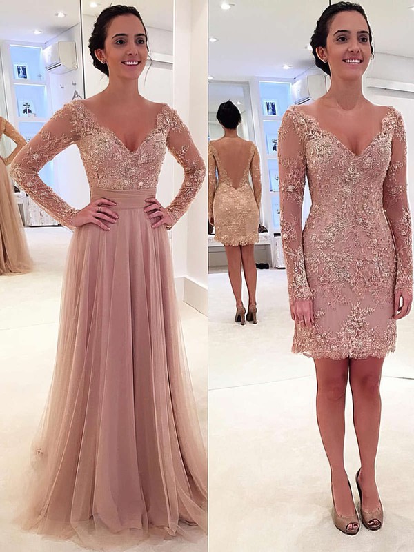 Detachable V-neck Tulle Appliques Lace Long Sleeve Different Prom Dress #JCD020102076