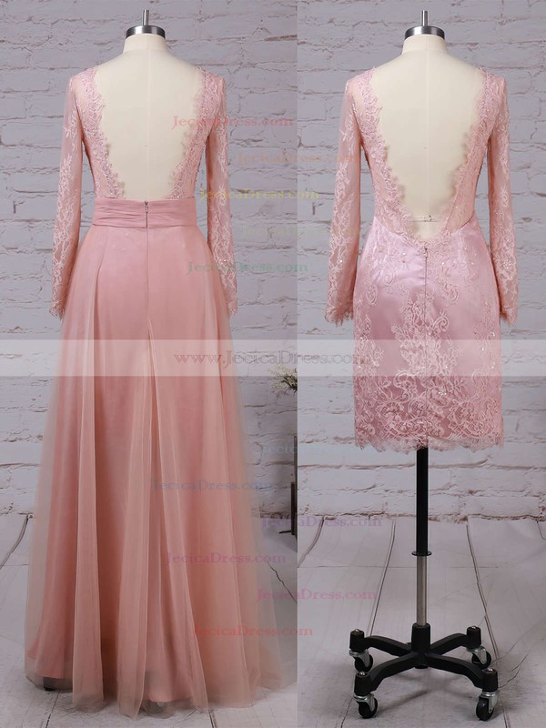 Detachable V-neck Tulle Appliques Lace Long Sleeve Different Prom Dress #JCD020102076