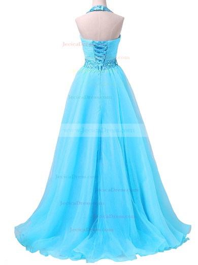 Blue Chiffon Organza with Beading Sweep Train Popular Halter Prom Dress #JCD020102079