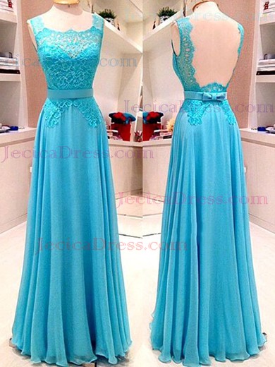 Scoop Neck Floor-length Blue Chiffon Appliques Lace Original Prom Dress #JCD020102080