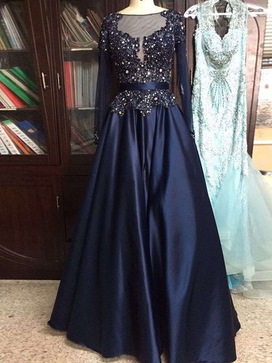 Dark Navy A-line Scoop Neck Satin with Beading Long Sleeve Prom Dress #JCD020102081