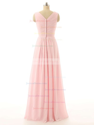 Online V-neck Pink Chiffon with Flower(s) Floor-length Bridesmaid Dresses #JCD01012726