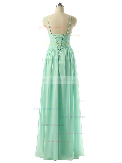 V-neck Sage Chiffon Ruched Floor-length Modest Bridesmaid Dresses #JCD01012729