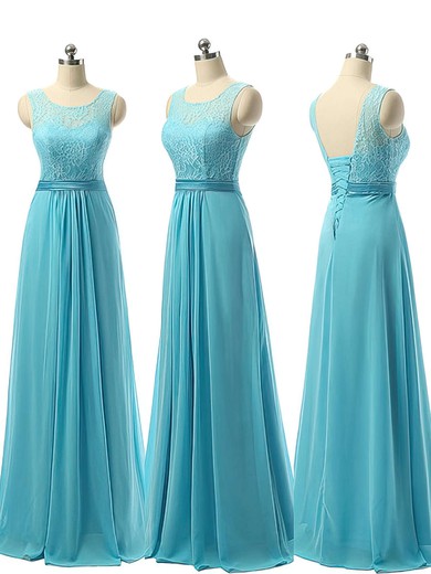 Pretty A-line Scoop Neck Chiffon with Lace Blue Long Bridesmaid Dresses #JCD01012730