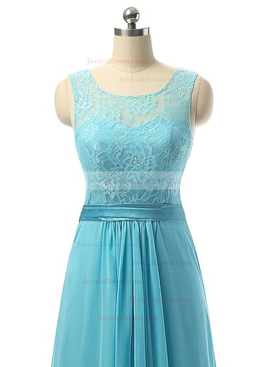 Pretty A-line Scoop Neck Chiffon with Lace Blue Long Bridesmaid Dresses #JCD01012730