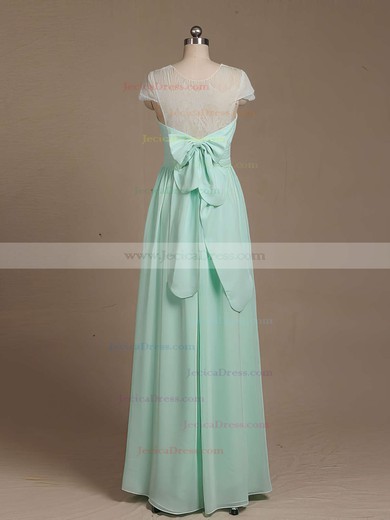 Inexpensive Floor-length Scoop Neck Chiffon Lace with Bow Short Sleeve Bridesmaid Dresses #JCD01012733