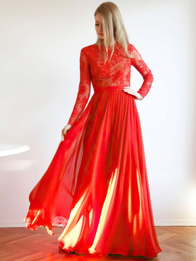 Scoop Neck Red Chiffon Lace Sexy Open Back Long Sleeve Prom Dresses #JCD020102082
