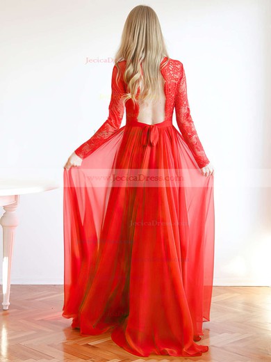 Scoop Neck Red Chiffon Lace Sexy Open Back Long Sleeve Prom Dresses #JCD020102082