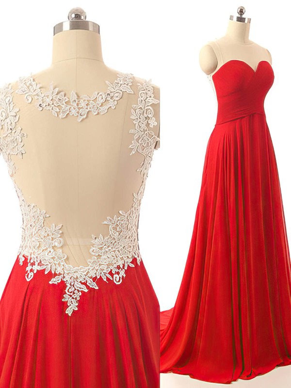 Red Scoop Neck Chiffon with Appliques Lace Court Train Promotion Prom Dresses