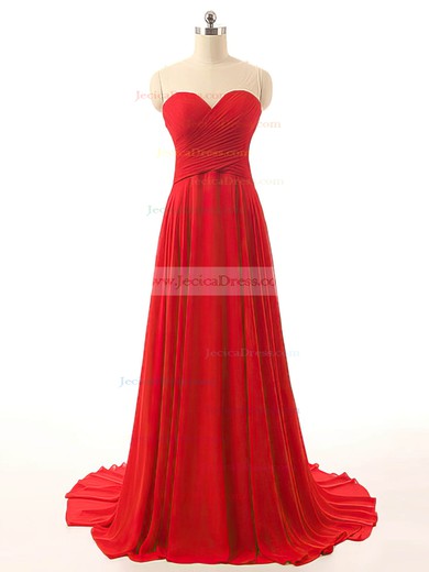 Red Scoop Neck Chiffon with Appliques Lace Court Train Promotion Prom Dresses #JCD020102084