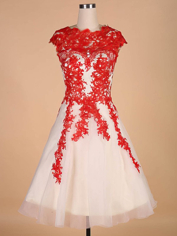 Knee-length Scalloped Neck Cap Straps Tulle Appliques Lace Cute Prom Dresses
