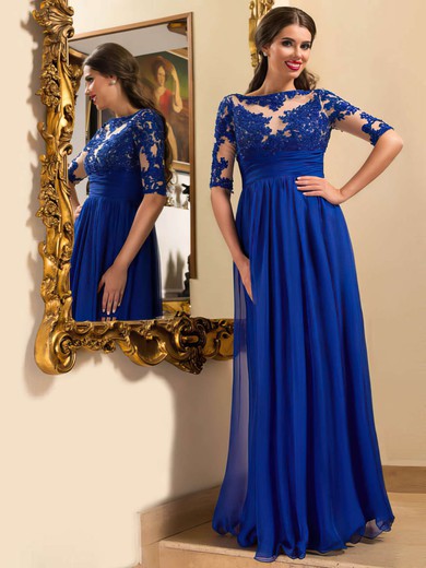 A-line Scoop Neck Royal Blue Chiffon Appliques Lace 1/2 Sleeve Prom Dresses #JCD020102095
