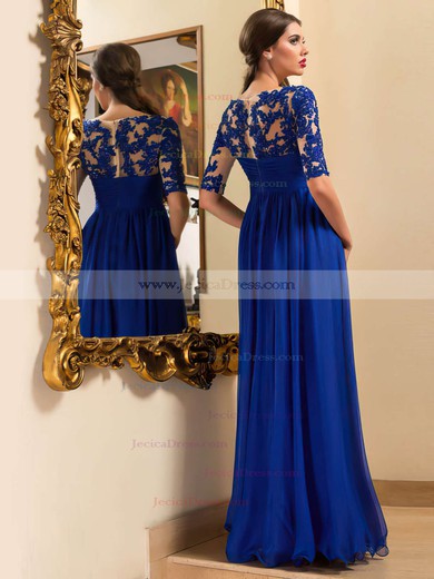 A-line Scoop Neck Royal Blue Chiffon Appliques Lace 1/2 Sleeve Prom Dresses #JCD020102095