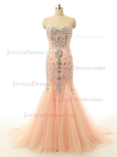 Trumpet/Mermaid Court Train Tulle with Beading Gorgeous Prom Dresses #JCD020102096