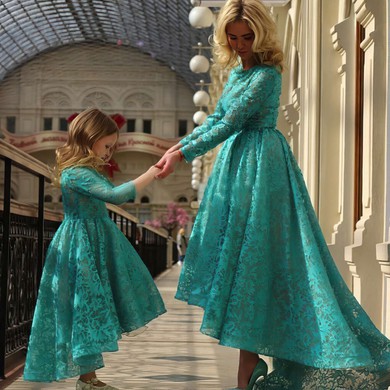Amazing Asymmetrical Scoop Neck Green Lace Long Sleeve Prom Dresses #JCD020102102