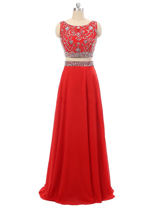 Scoop Neck Red Chiffon with Beading Floor-length Two Piece Prom Dress