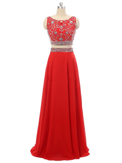 Scoop Neck Red Chiffon with Beading Floor-length Two Piece Prom Dress #JCD020102105