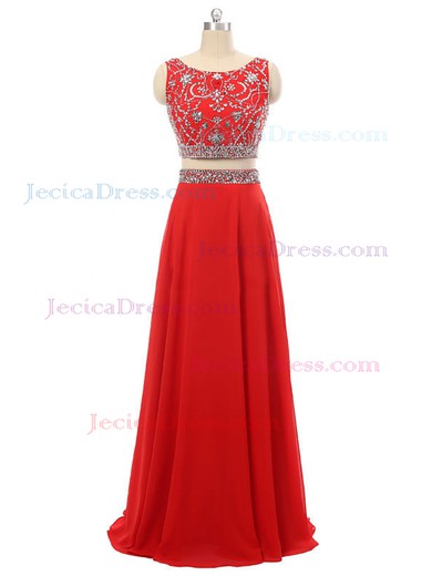 Scoop Neck Red Chiffon with Beading Floor-length Two Piece Prom Dress #JCD020102105
