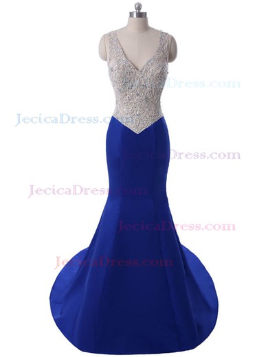 Royal Blue Trumpet/Mermaid V-neck Satin Beading Beautiful Prom Dress #JCD020102106