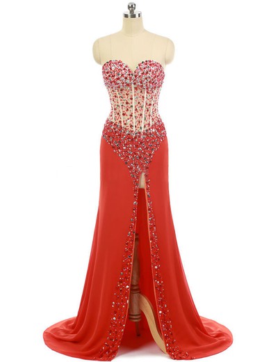 Sheath/Column Sweetheart Chiffon Crystal Detailing Split Front Red Prom Dress #JCD020102109