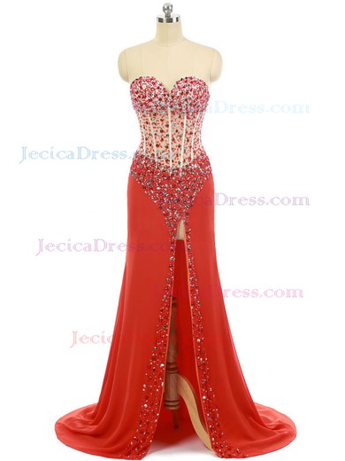 Sheath/Column Sweetheart Chiffon Crystal Detailing Split Front Red Prom Dress #JCD020102109