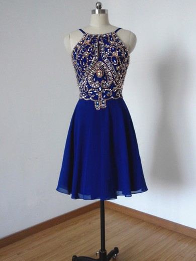 Short/Mini Royal Blue Scoop Neck Chiffon with Beading Backless Prom Dress #JCD020102113
