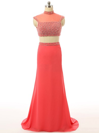 Two Piece Sheath/Column Chiffon Tulle Crystal Detailing High Neck Sexy Prom Dress #JCD020102116