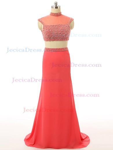 Two Piece Sheath/Column Chiffon Tulle Crystal Detailing High Neck Sexy Prom Dress #JCD020102116