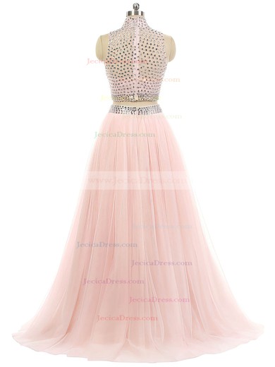 Pink High Neck Tulle Sweep Train with Beading Two Piece Prom Dress #JCD020102117