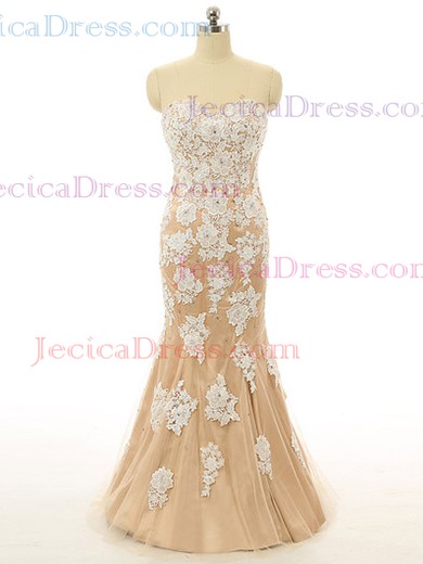 Trumpet/Mermaid Sweetheart Tulle Appliques Lace Promotion Long Prom Dress #JCD020102118