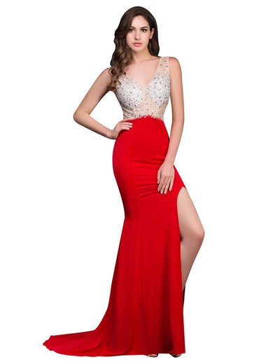 V-neck Backless Red Chiffon Tulle Split Front Trumpet/Mermaid Prom Dress #JCD020102119