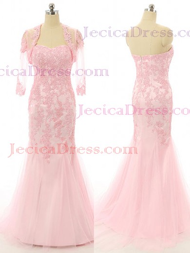 Trumpet/Mermaid Pink Tulle Appliques Lace Sweep Train Discounted Prom Dress #JCD02023569