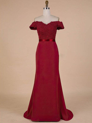 Perfect Burgundy Trumpet/Mermaid Chiffon with Appliques Lace Off-the-shoulder Prom Dress #JCD02023570