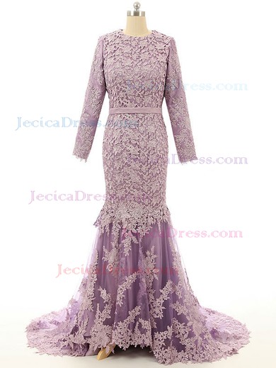 Long Sleeve Trumpet/Mermaid Tulle Appliques Lace Sweep Train Different Prom Dress #JCD02023571