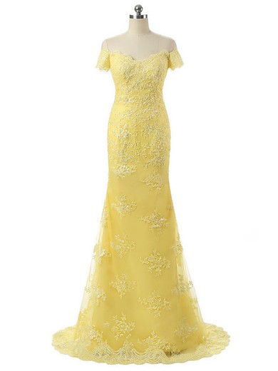 Off-the-shoulder Yellow Tulle Appliques Lace Trumpet/Mermaid Short Sleeve Prom Dress #JCD02023572