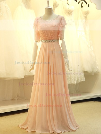 Discount Scoop Neck Chiffon Lace with Beading Pink Short Sleeve Prom Dress #JCD02023573