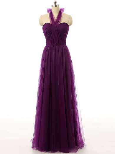 Modest Tulle Ruffles Purple Floor-length Halter Bridesmaid Dresses #JCD01012737