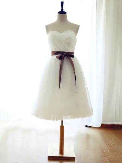 White Sweetheart Tulle Sashes / Ribbons Girls Knee-length Bridesmaid Dress #JCD01012739