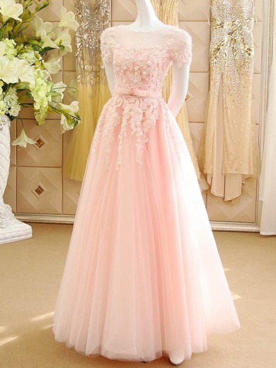 Pink Tulle Appliques Lace Princess Scoop Neck Short Sleeve Prom Dresses #JCD020102120