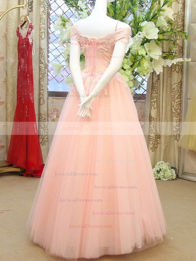 Off-the-shoulder Princess Tulle Appliques Lace Pretty Pink Prom Dresses #JCD020102121