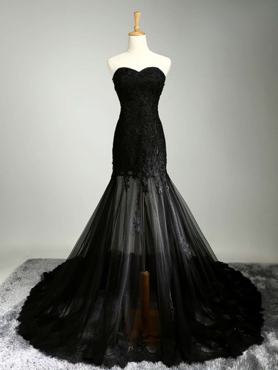 Trumpet/Mermaid Black Tulle Court Train Appliques Lace Perfect Prom Dresses #JCD020102122