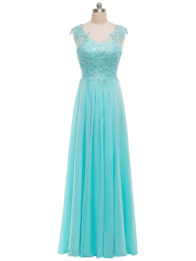 Different Blue A-line Chiffon Tulle Appliques Lace V-neck Prom Dresses #JCD020102123